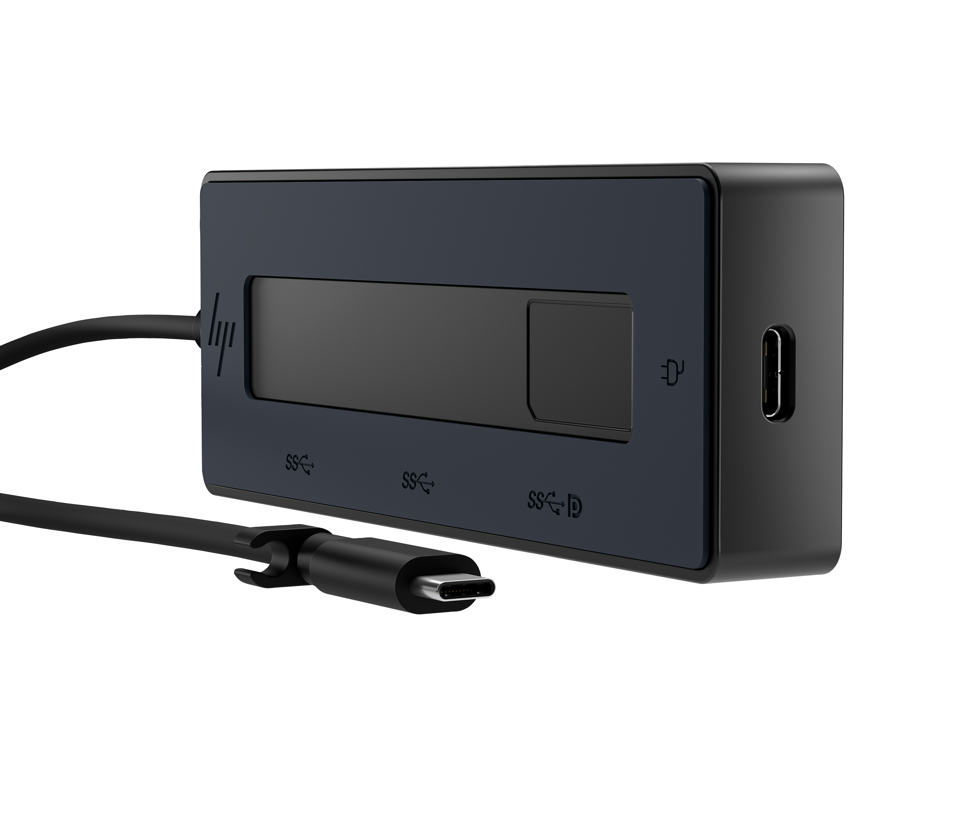 Adattatore USB-C nero con cavo, con simboli blu e argento.