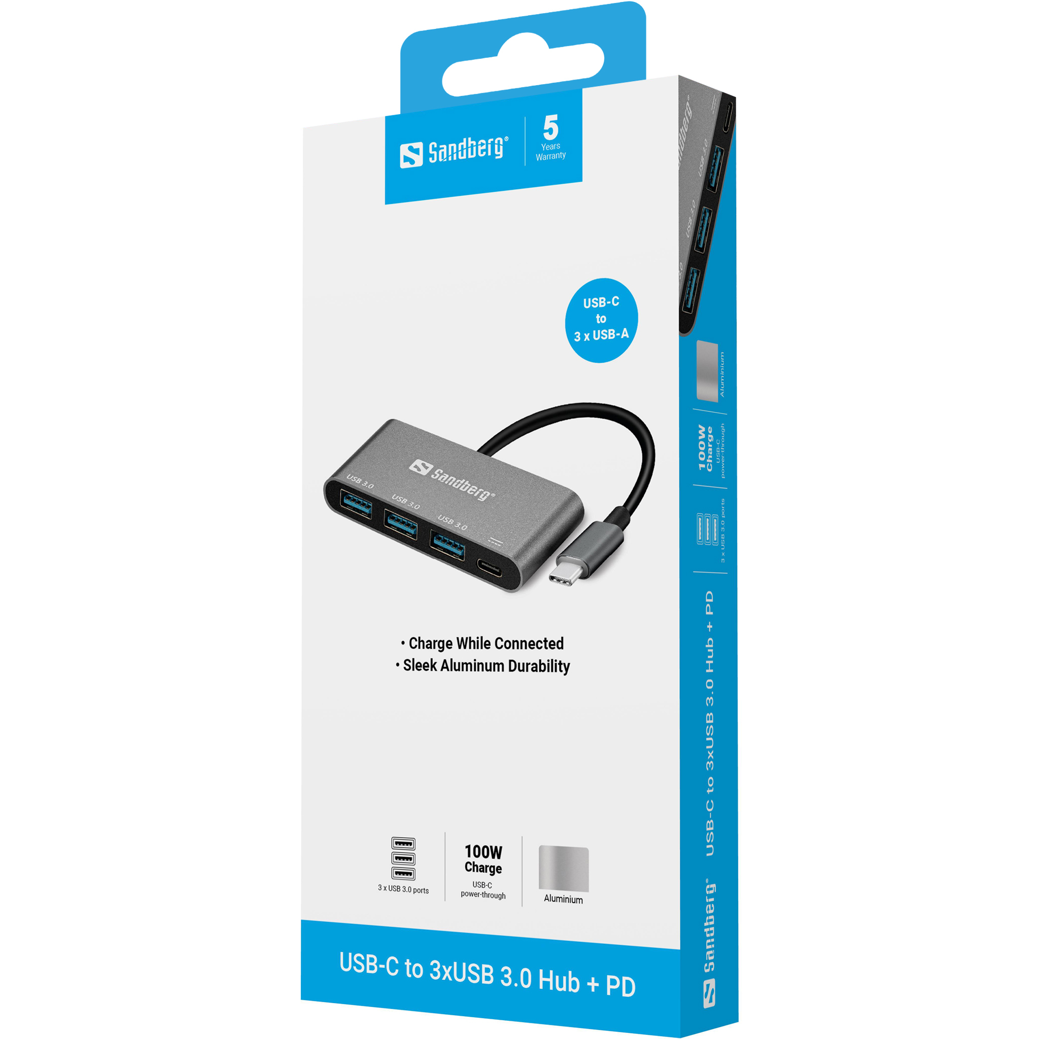 Hub USB-C Sandberg con 3 porte USB 3.0, alluminio, 100W PD