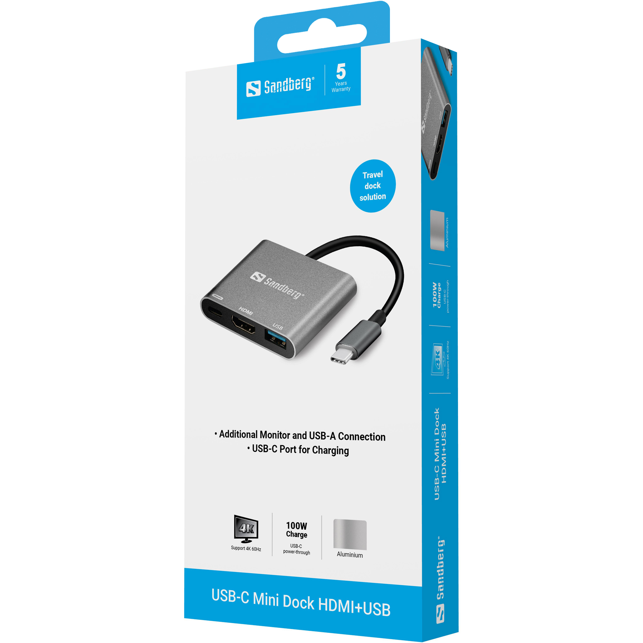 Mini Dock USB-C Sandberg avec ports HDMI et USB-A, boîtier en aluminium.
