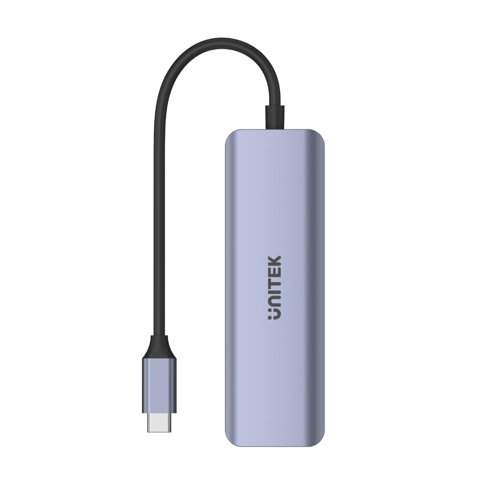 Ein lila USB-C-Hub mit schwarzem Kabel und USB-C-Stecker.