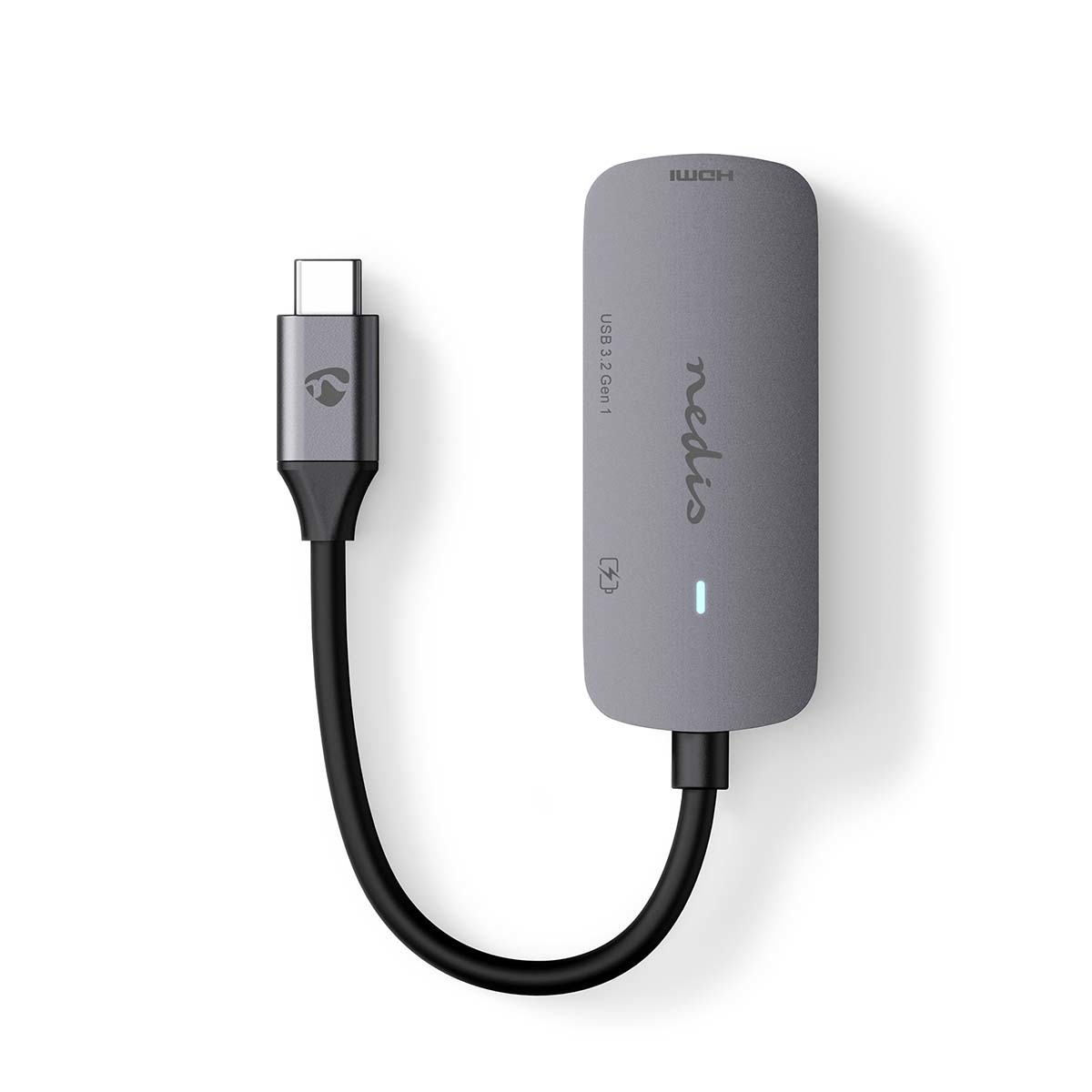 Hub USB-C grigio con HDMI, USB 3.2 Gen 1 e porta di ricarica. Cavo nero.