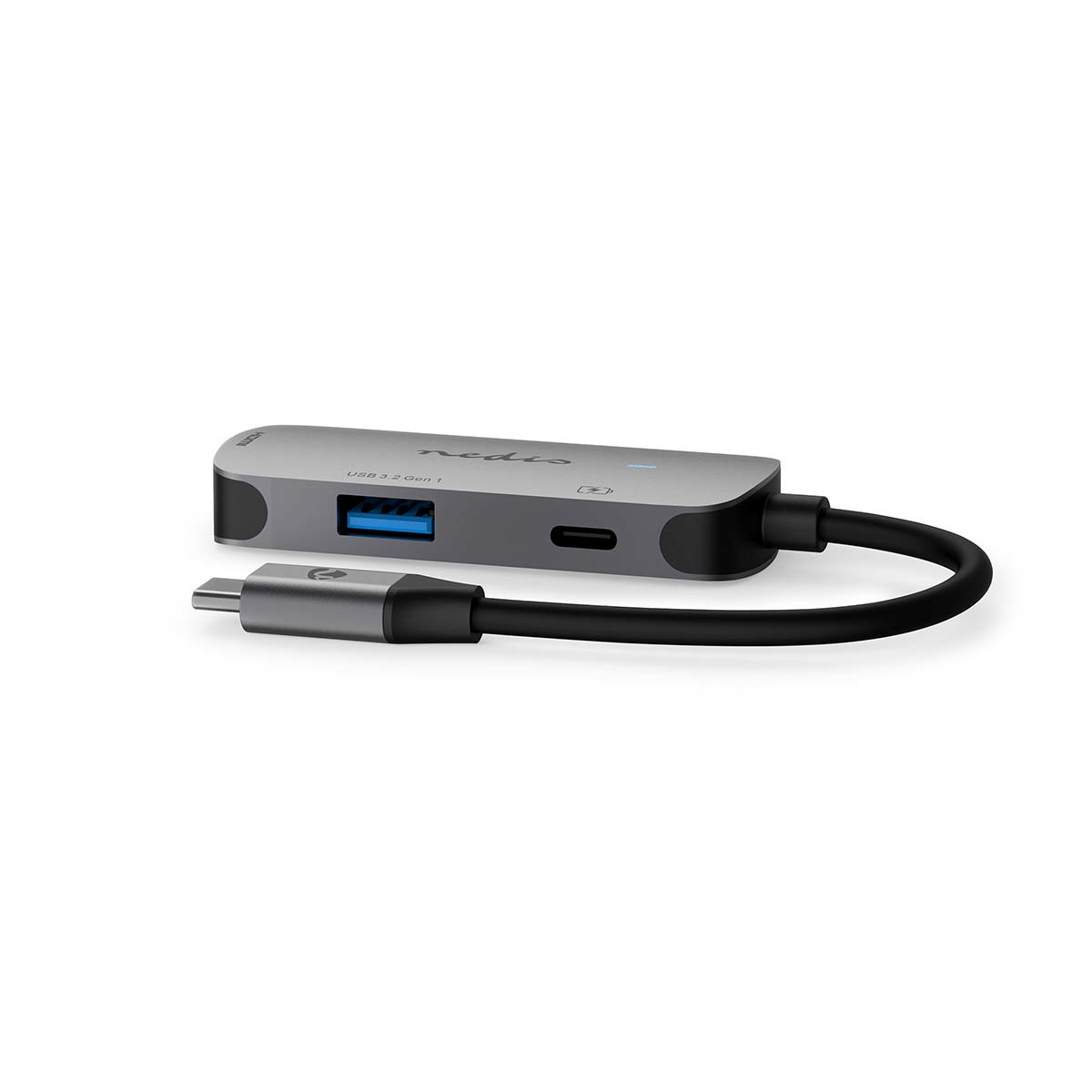 Hub USB-C grigio con una porta USB-A, una porta USB-C e una porta HDMI.