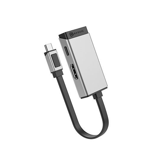 Un adattatore USB-C argentato con porte HDMI e USB-A.