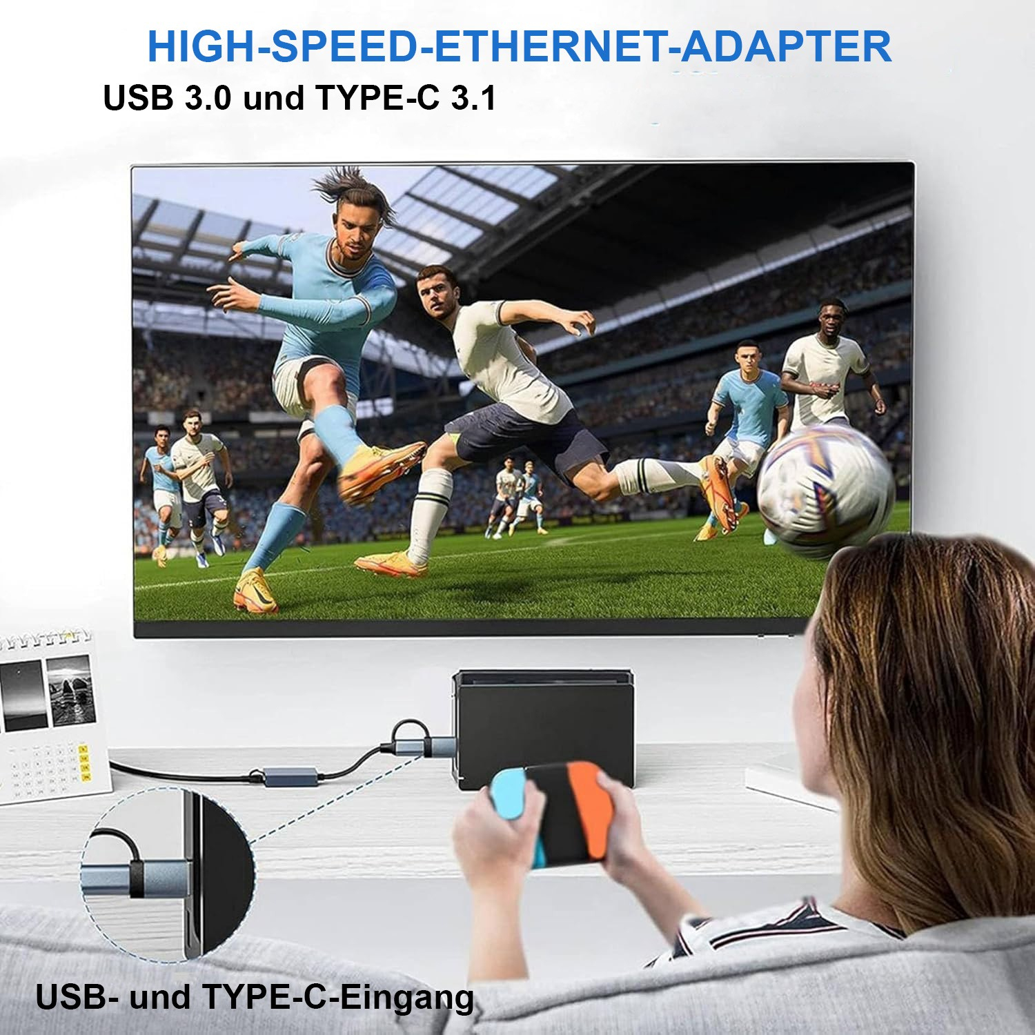 Donna gioca ai videogiochi in TV, con Nintendo Switch e adattatore Ethernet.