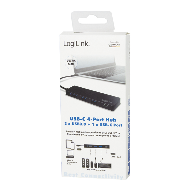 Hub LogiLink USB-C 4 porte: 3x USB3.0, 1x USB-C, ultra-sottile. Per PC/smartphone.