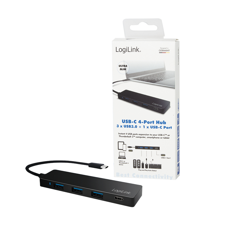 Hub USB-C nero a 4 porte con cavo e connettore, accanto alla sua confezione.
