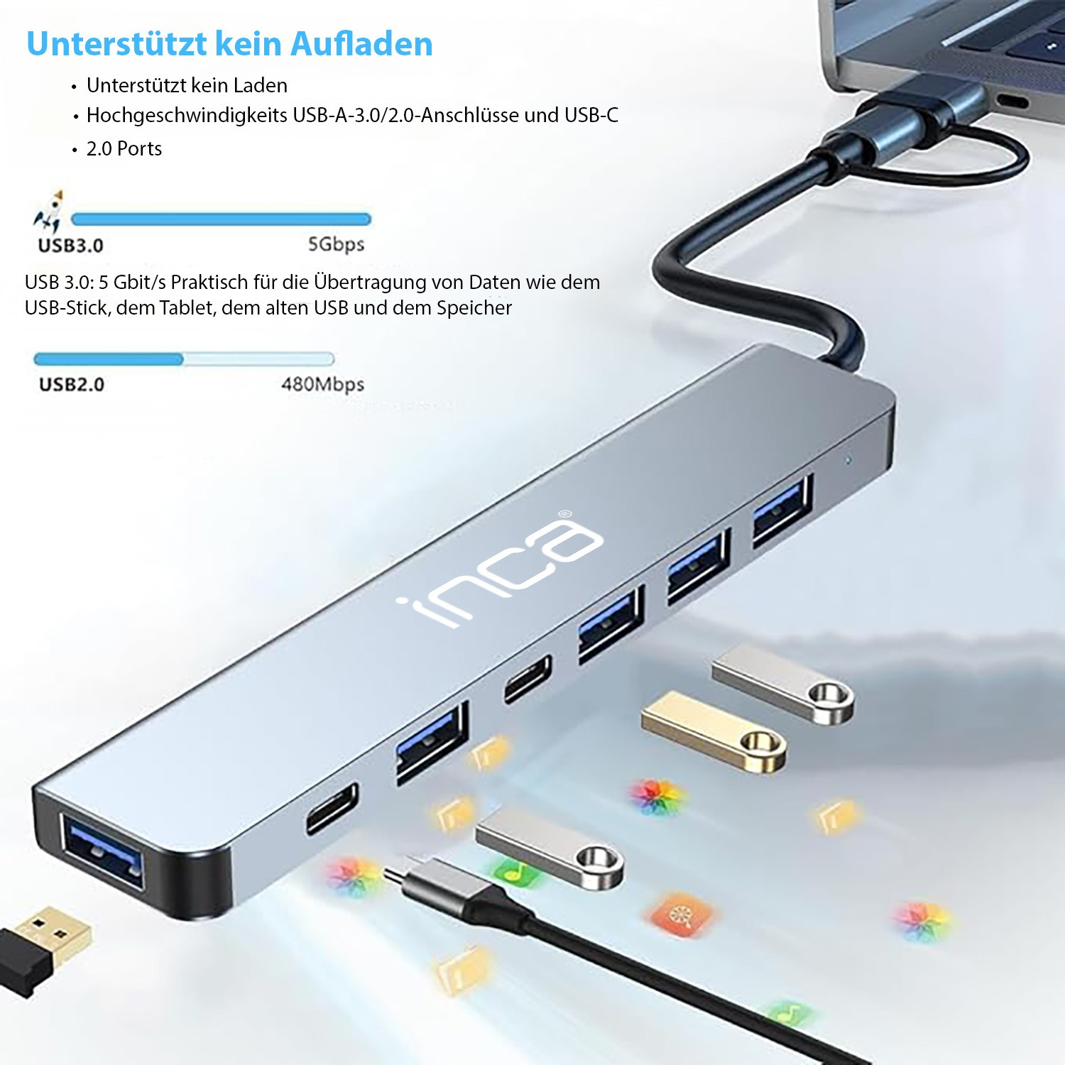Hub USB argento con più porte collegato a un laptop. Vengono mostrate le velocità USB 3.0 e 2.0.