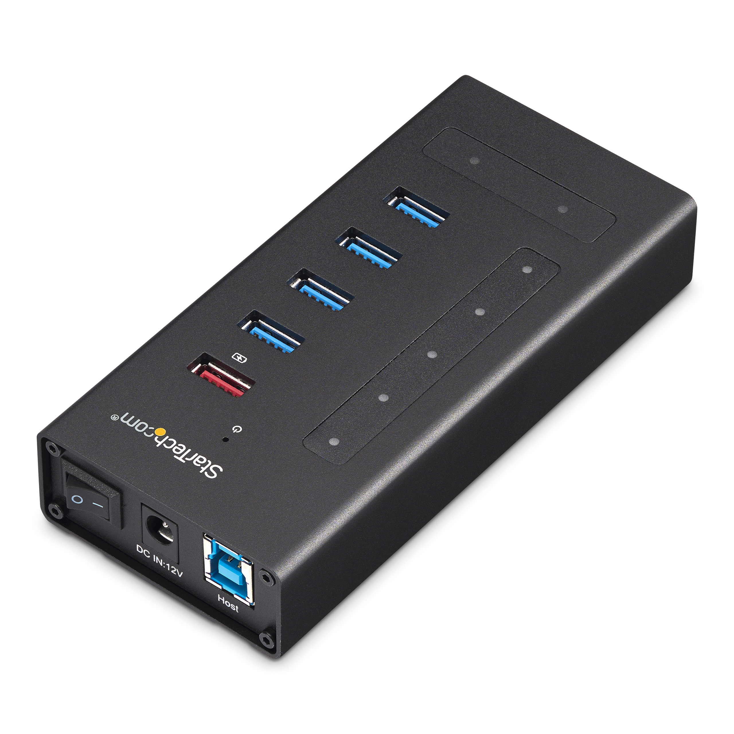 Hub USB nero con 5 porte, interruttore e ingresso DC.