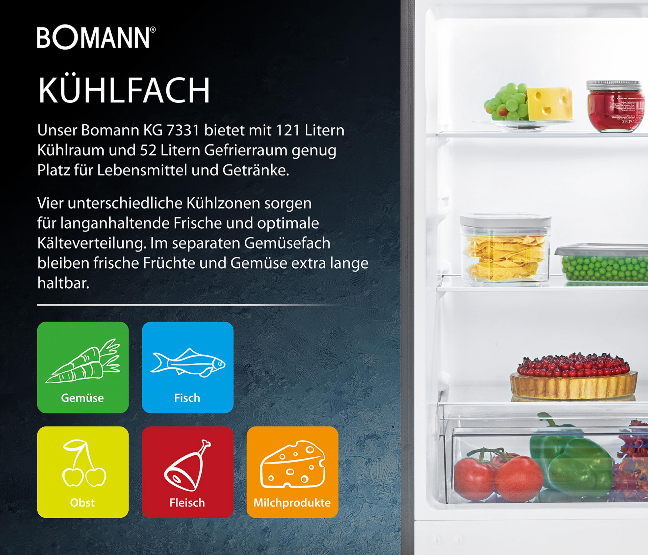 Ein Kühlschrank mit Lebensmitteln: Käse, Trauben, Marmelade, Chips, Erbsen, Kuchen, Tomaten, Paprika.
