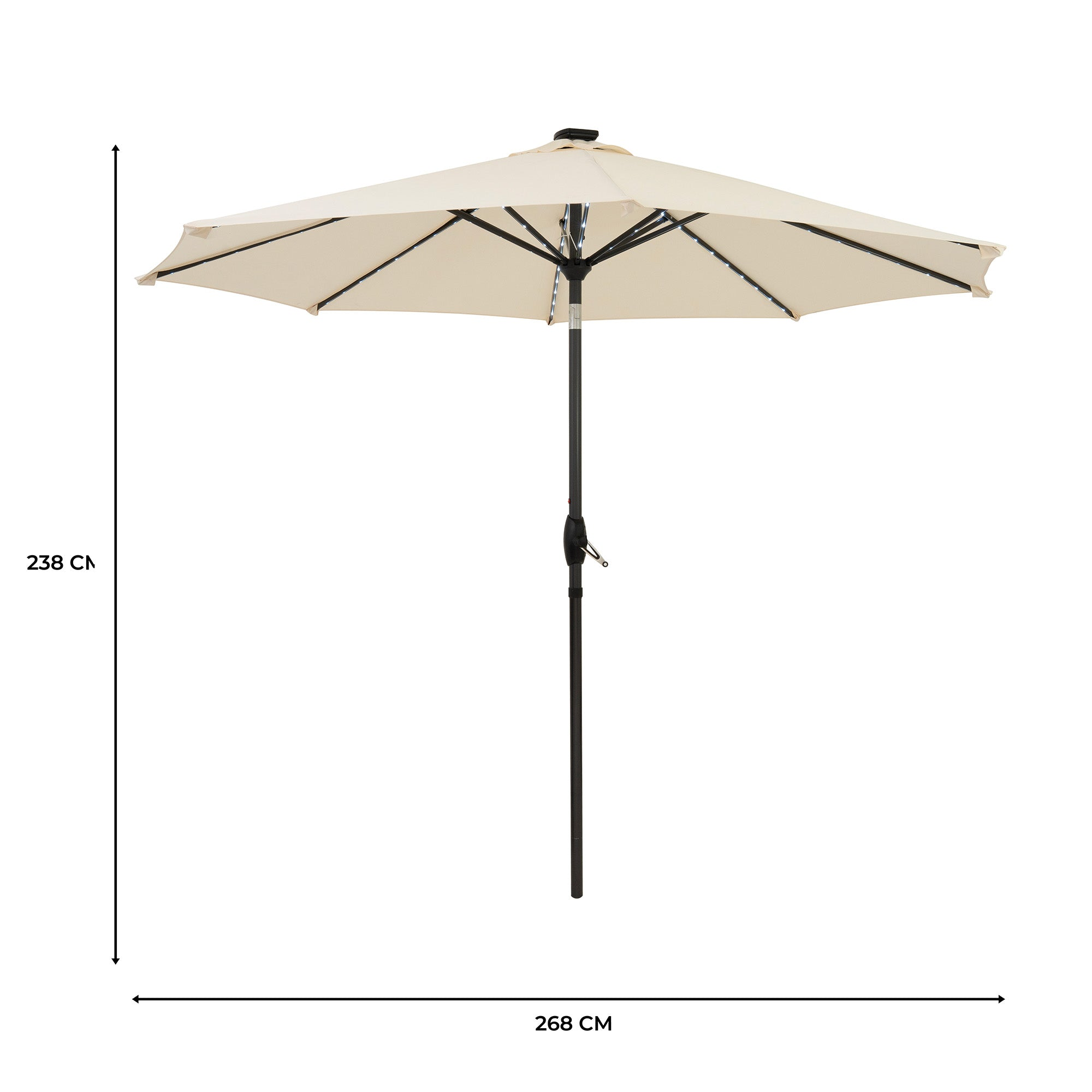 Un parasol de color claro con 8 varillas y luces LED, 238 cm de alto.
