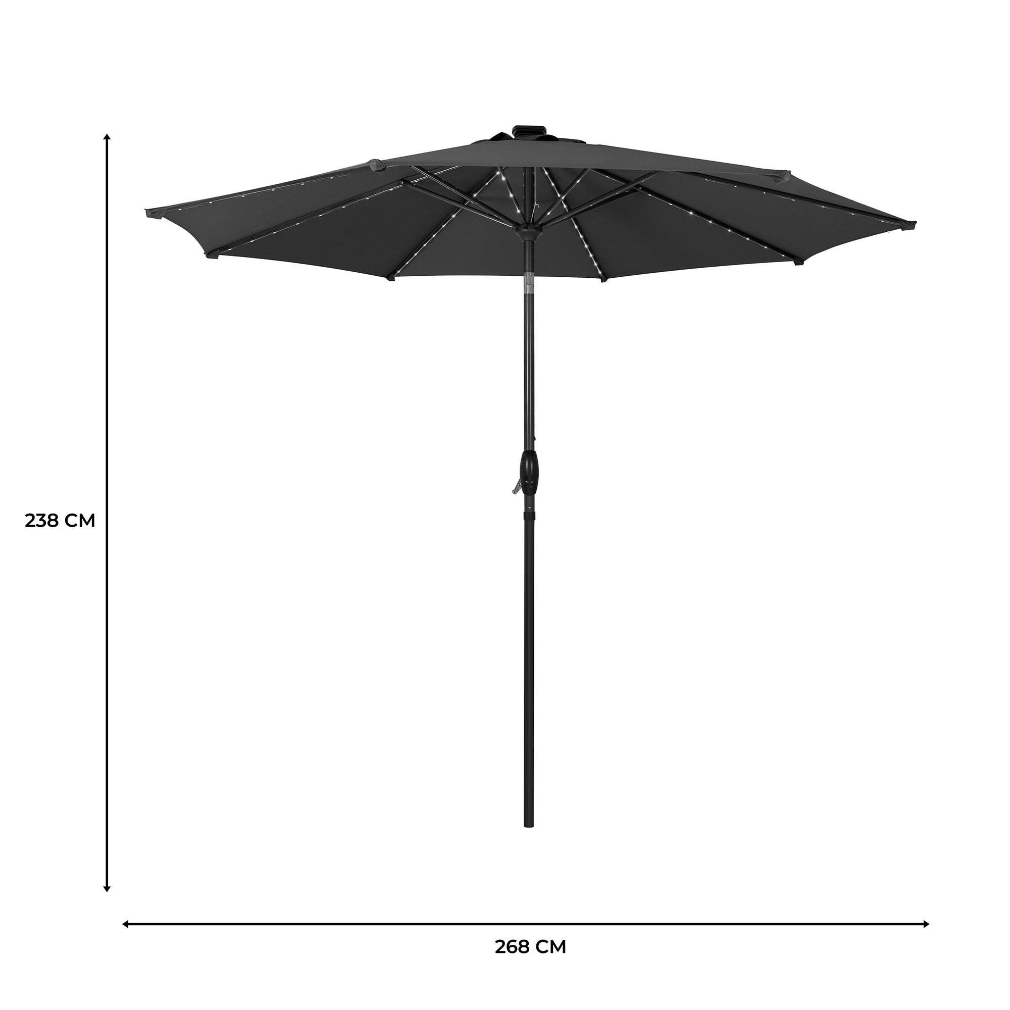 Un parasol negro con luces LED, altura 238 cm, ancho 268 cm.