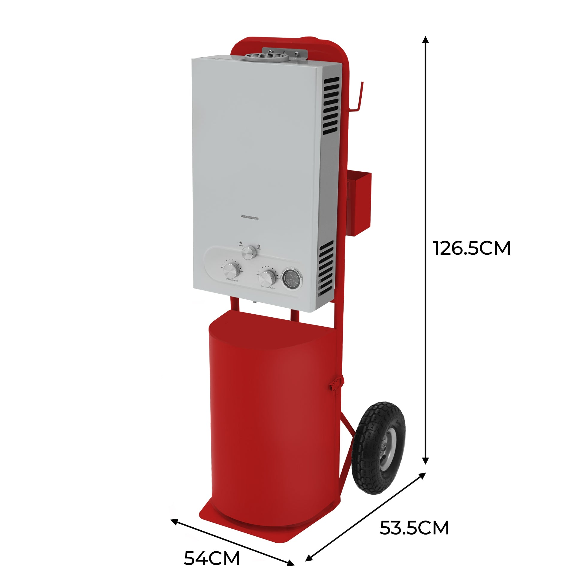 Un calentador de agua a gas blanco sobre un carro rojo con ruedas y dimensiones.