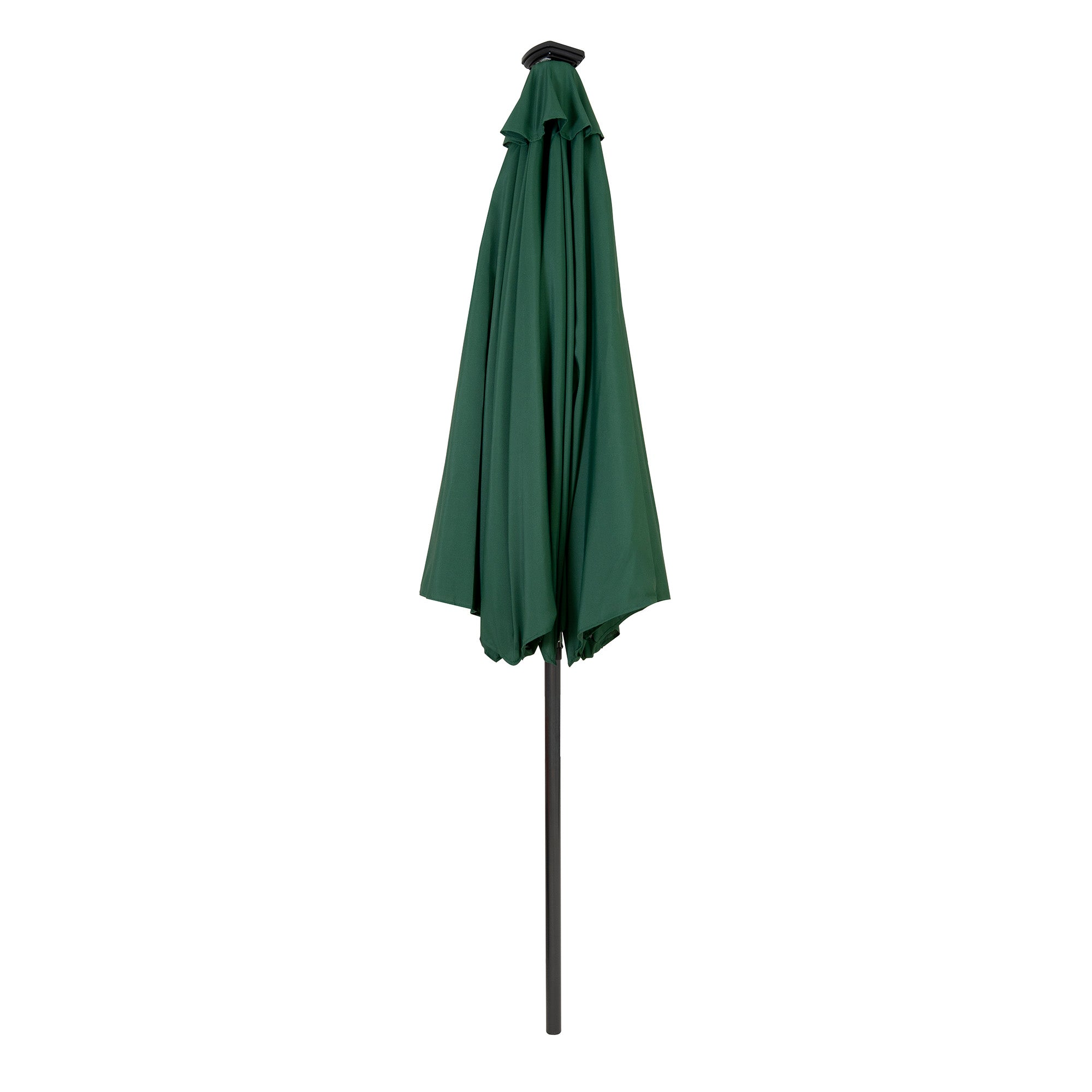 Un paraguas cerrado, verde oscuro, con soporte negro sobre fondo blanco.