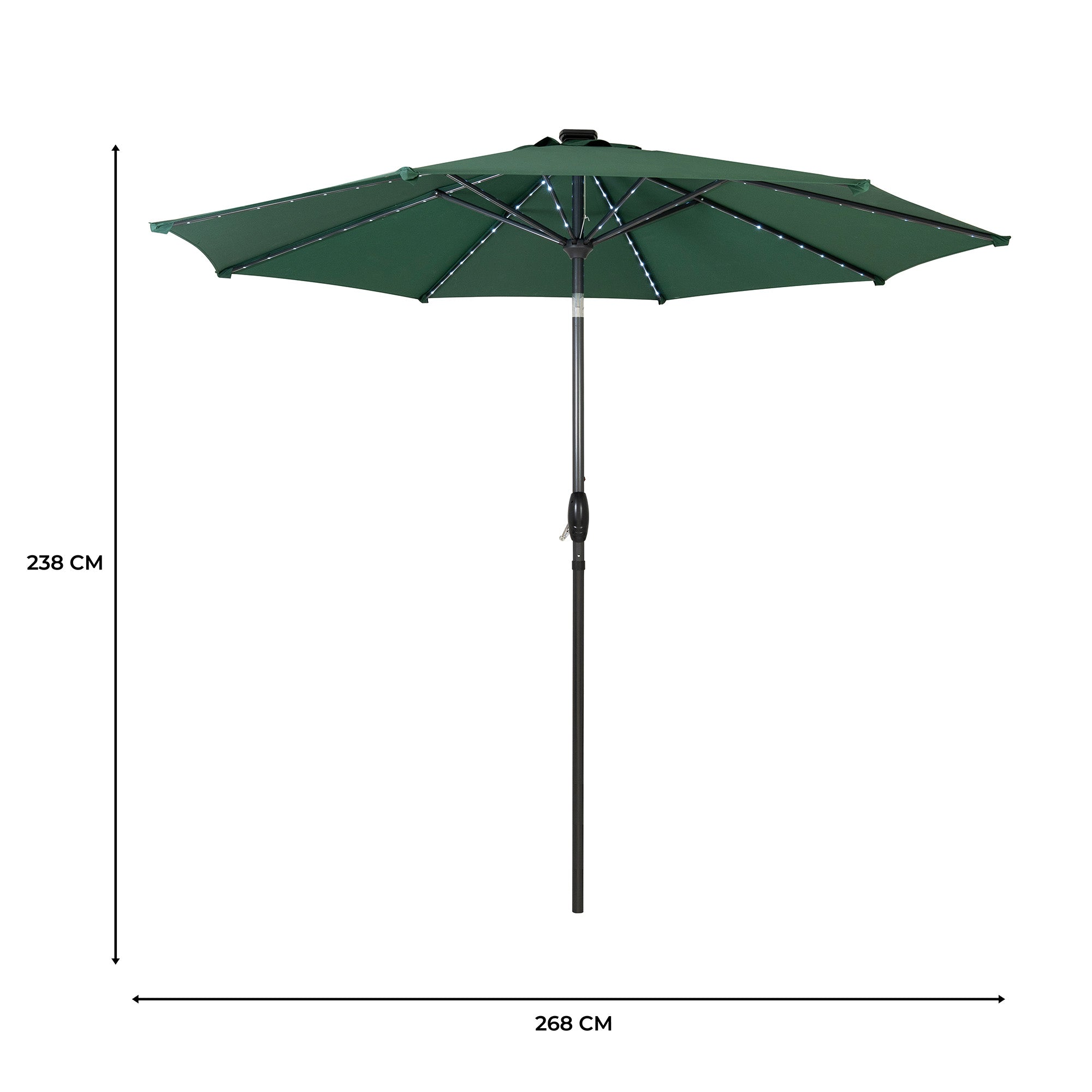 Un parasol verde con luces, 238cm de alto y 268cm de ancho.