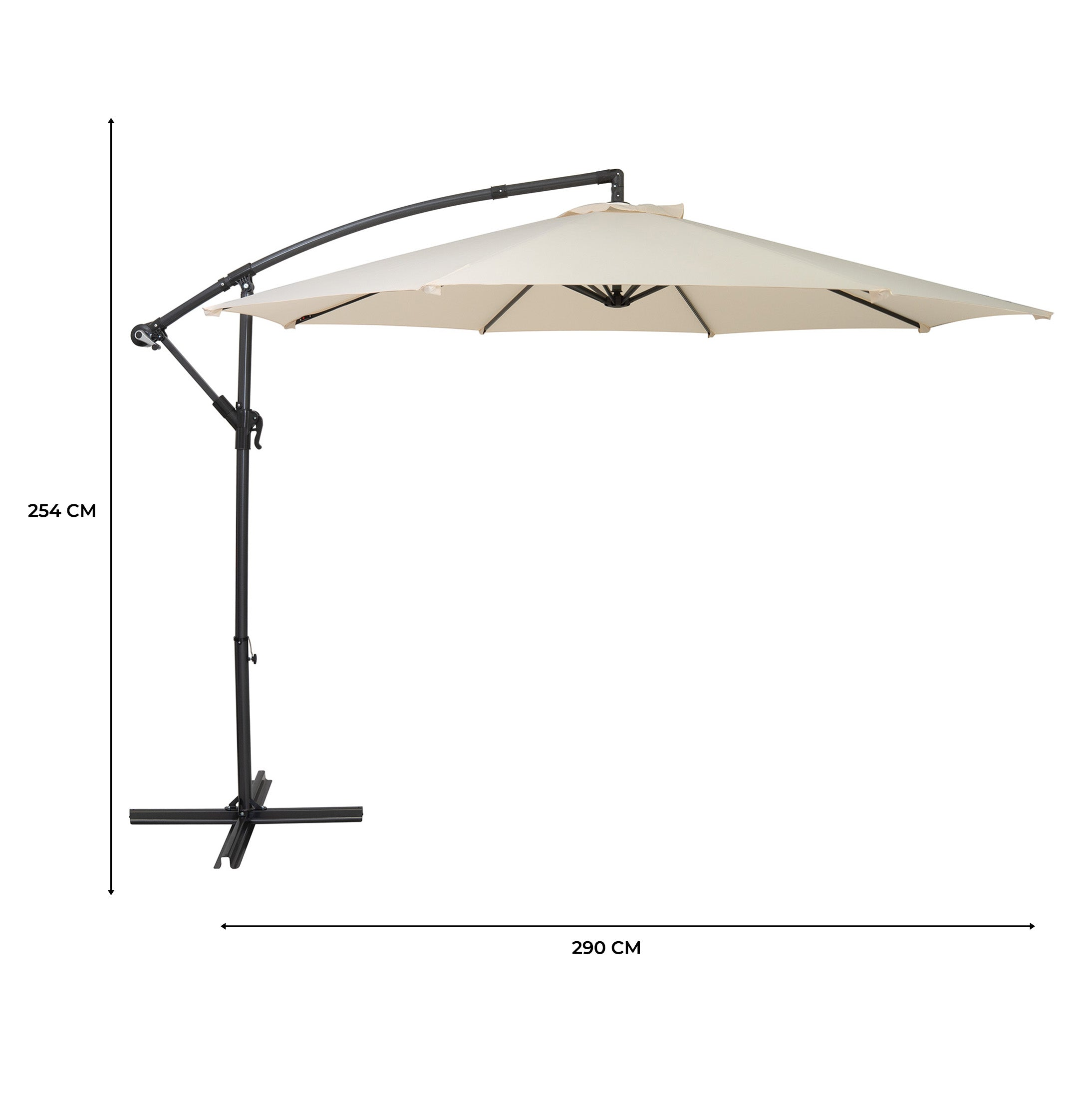 Sombrilla voladiza beige con base cruzada negra, 254 cm de alto, 290 cm de ancho.