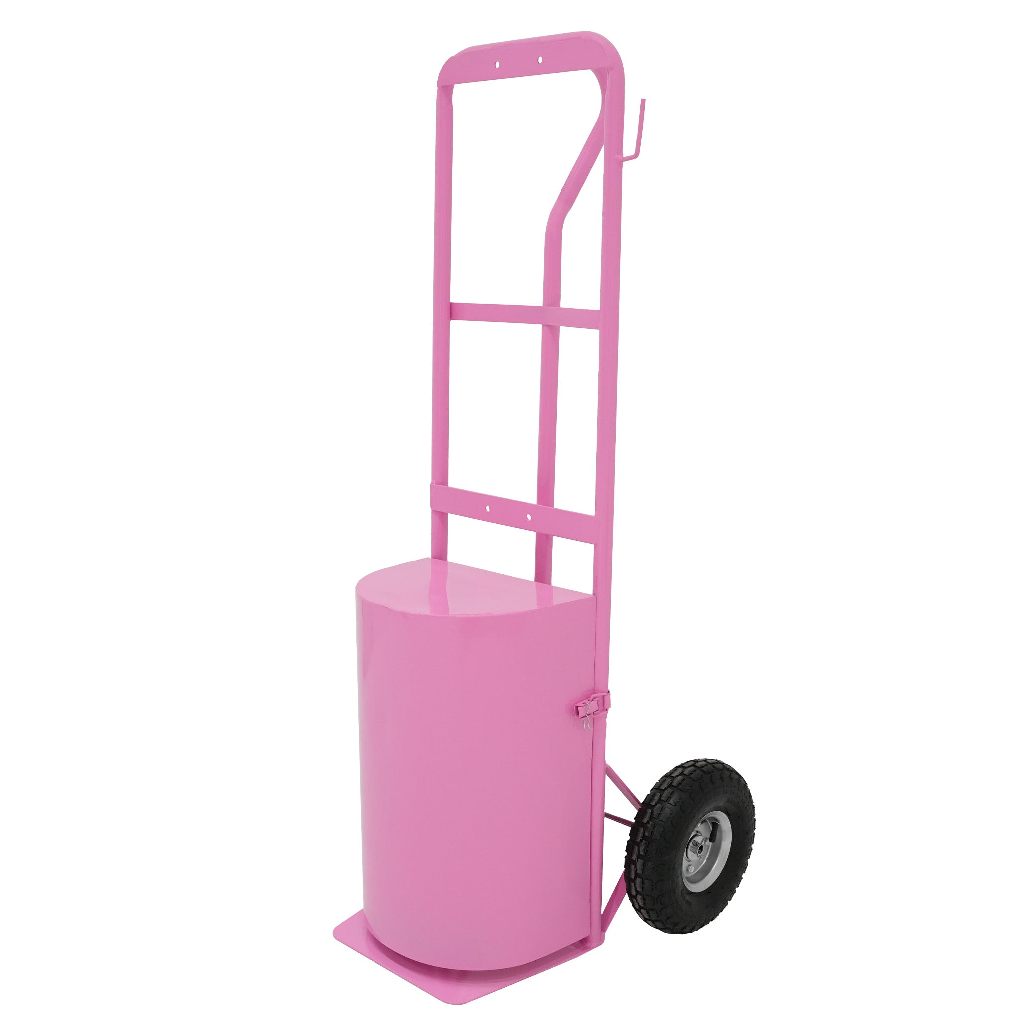 Una carretilla rosa con un barril redondo y una rueda.