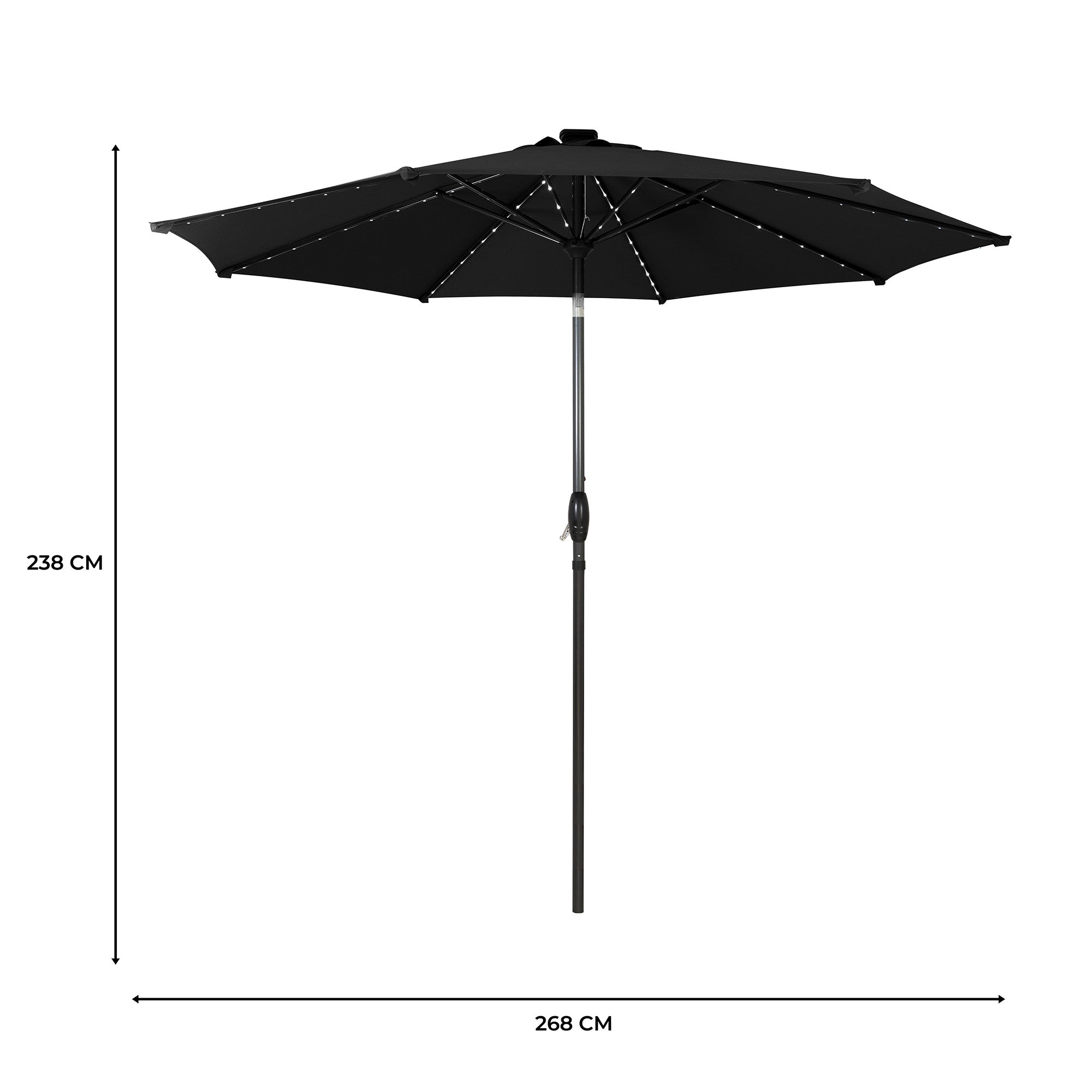 Un parasol negro de 238 cm de alto y 268 cm de ancho.