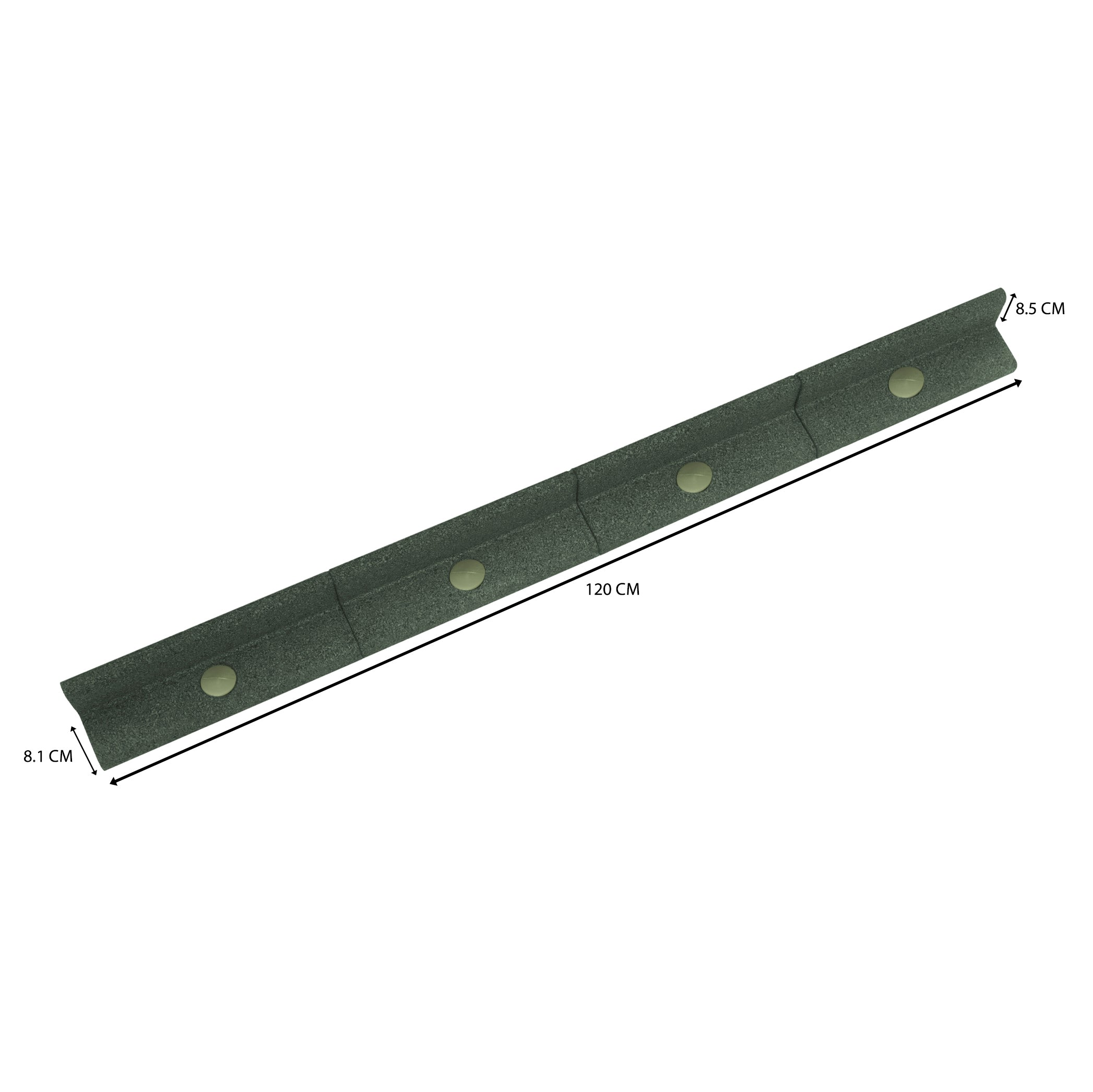 Un borde rectangular oscuro con 4 discos claros, de 120 cm de largo.