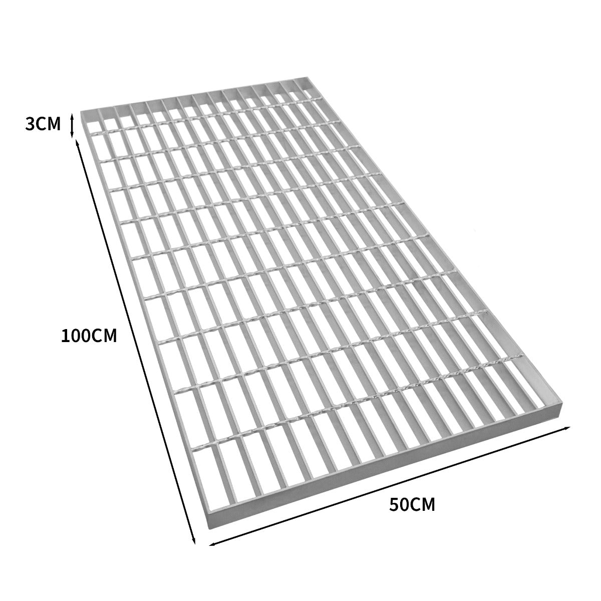 Un panel de rejilla metálica plateada, 100cm x 50cm con 3cm de grosor.