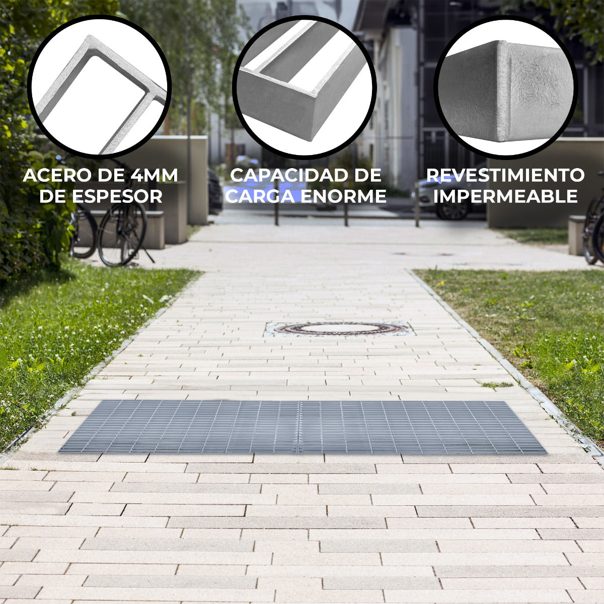 Una rejilla metálica yace sobre un camino pavimentado. Los detalles muestran material y capacidad.