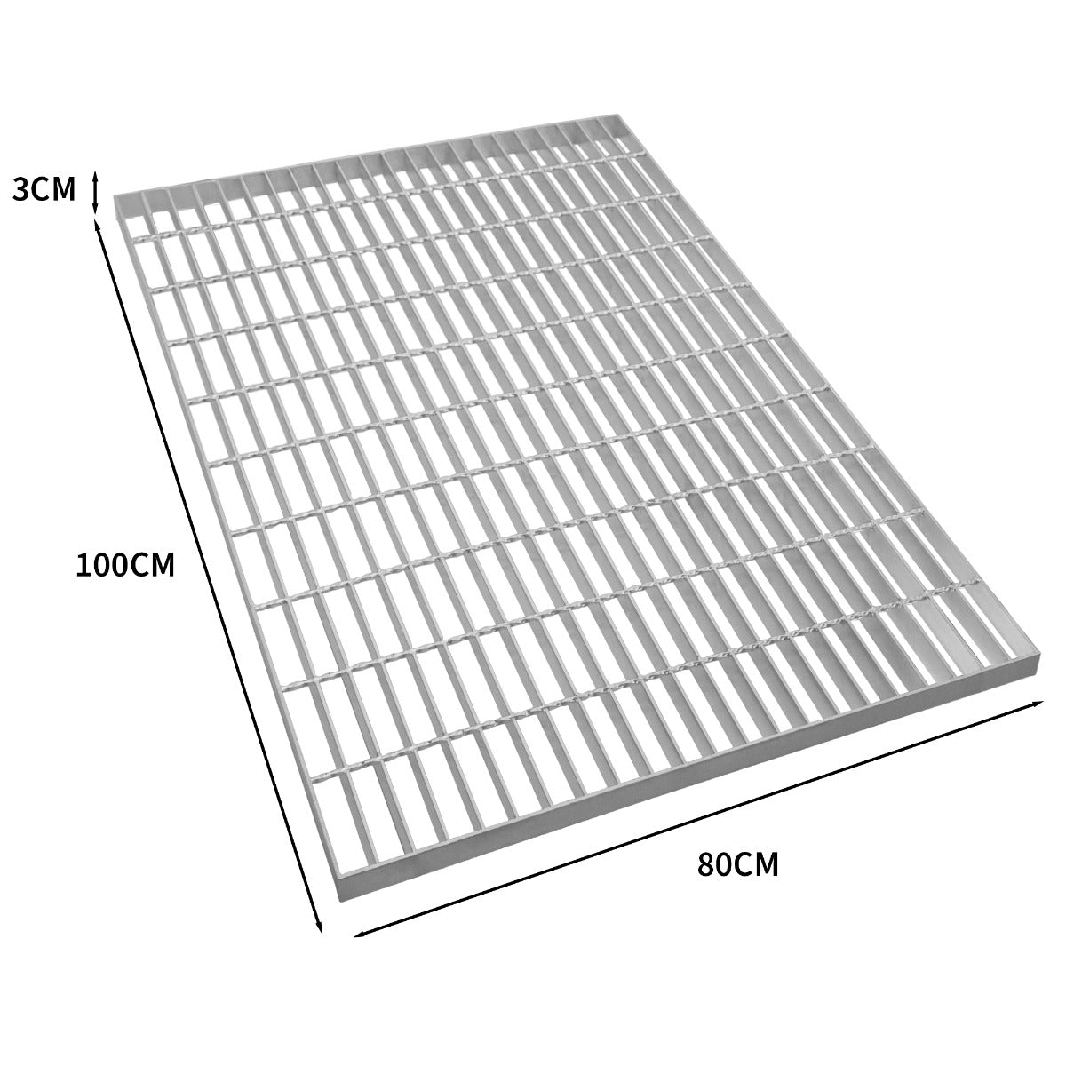 Un panel de rejilla metálica plateada de 100x80cm y 3cm de grosor.