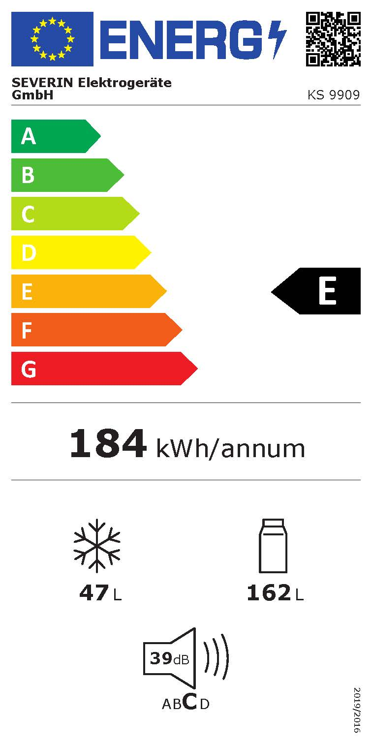 Etichetta energetica SEVERIN KS 9909: Classe E, 184 kWh/anno, freezer 47L, frigo 162L, 39dB.