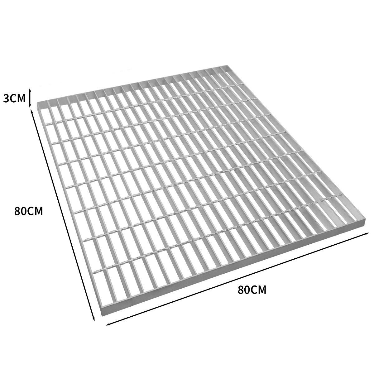 Una rejilla metálica rectangular, de 80x80 cm y 3 cm de grosor.