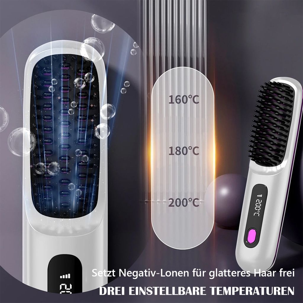 Haarglättbürste mit drei Temperatureinstellungen: 160°C, 180°C, 200°C.