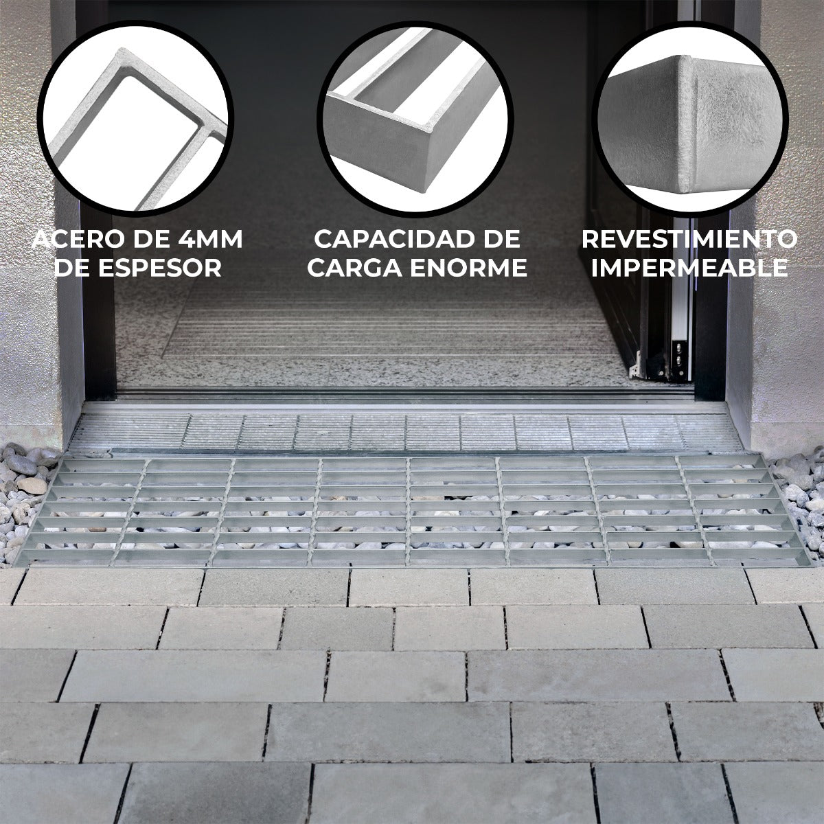 Una rejilla metálica frente a una puerta con escalones pavimentados. Primeros planos muestran grosor y recubrimiento.