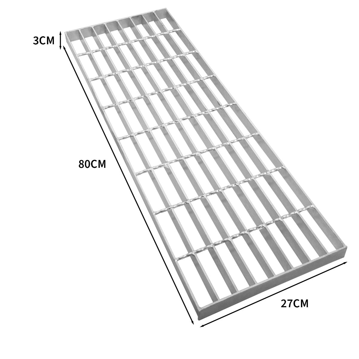 Una rejilla metálica rectangular de 80x27cm y 3cm de alto.