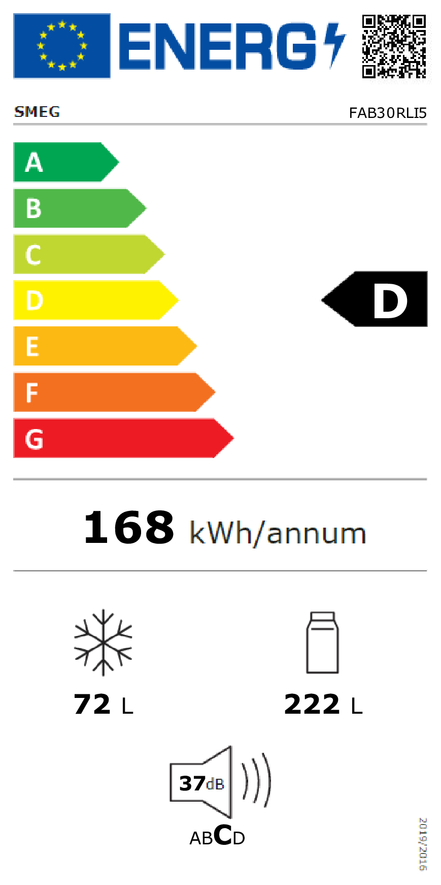 Etiqueta energética SMEG FAB30RLI5: Clase D, 168 kWh/año.