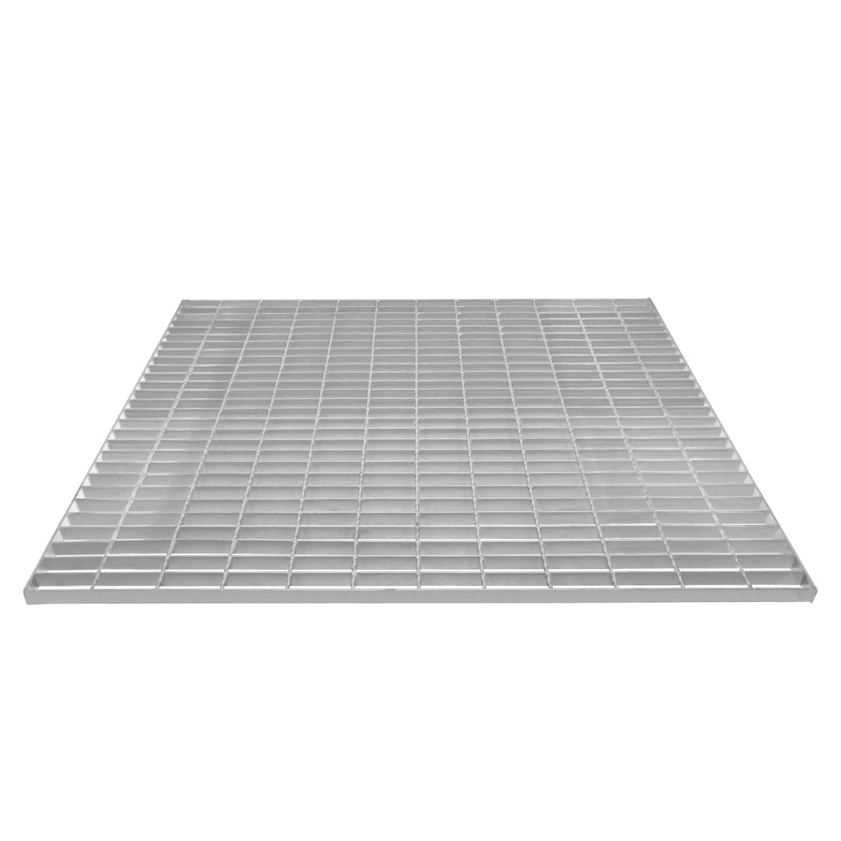 Se muestra una rejilla metálica rectangular plateada con un patrón de rejilla sobre fondo blanco.