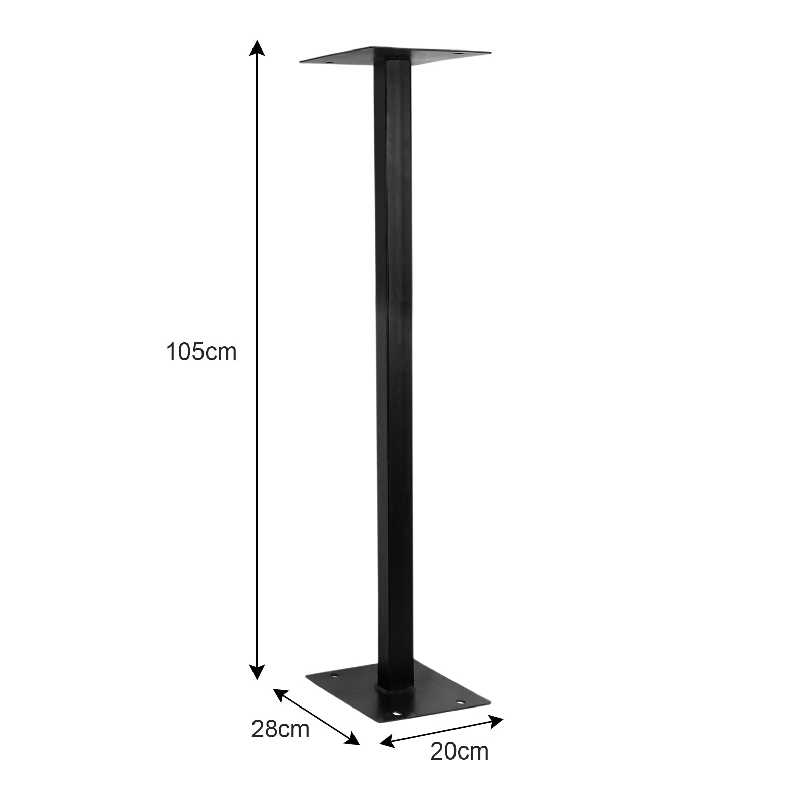 Un soporte metálico negro con placas de base cuadradas arriba y abajo. Altura 105cm.