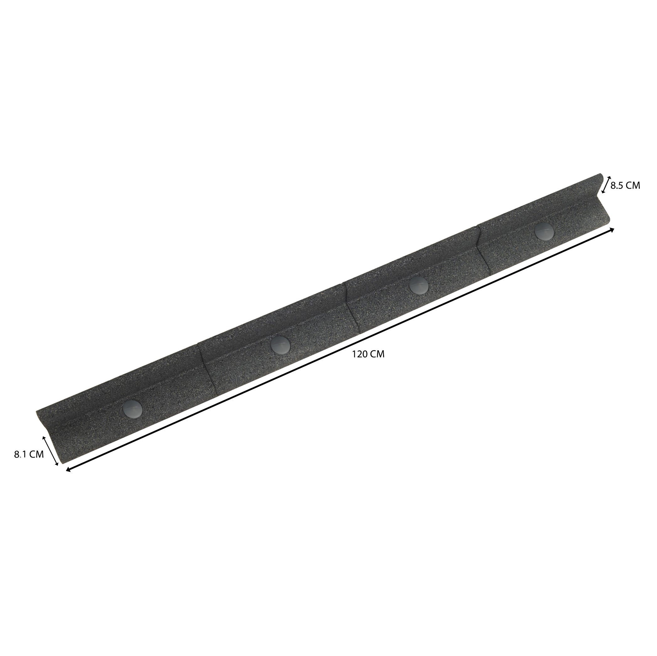 Bordillo gris oscuro, 120 cm de largo, 8.5 cm de alto, 8.1 cm de ancho.