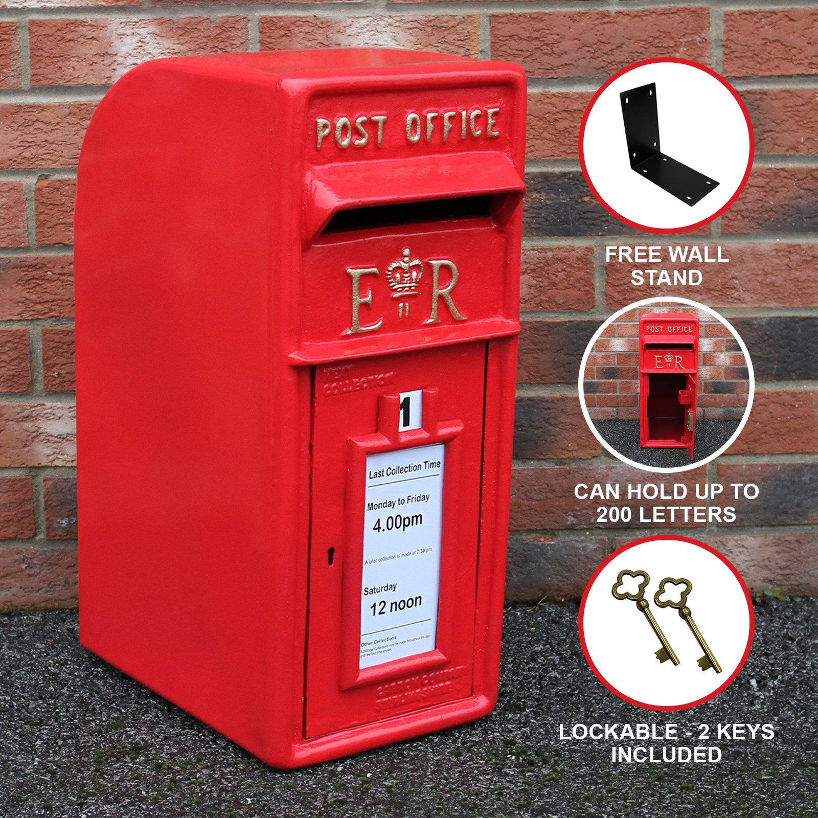 Buzón rojo con "POST OFFICE" y 