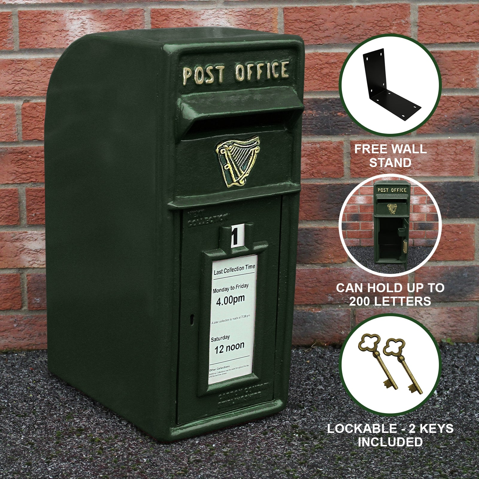 Buzón verde oscuro con texto "POST OFFICE", emblema de arpa y horarios de recogida.