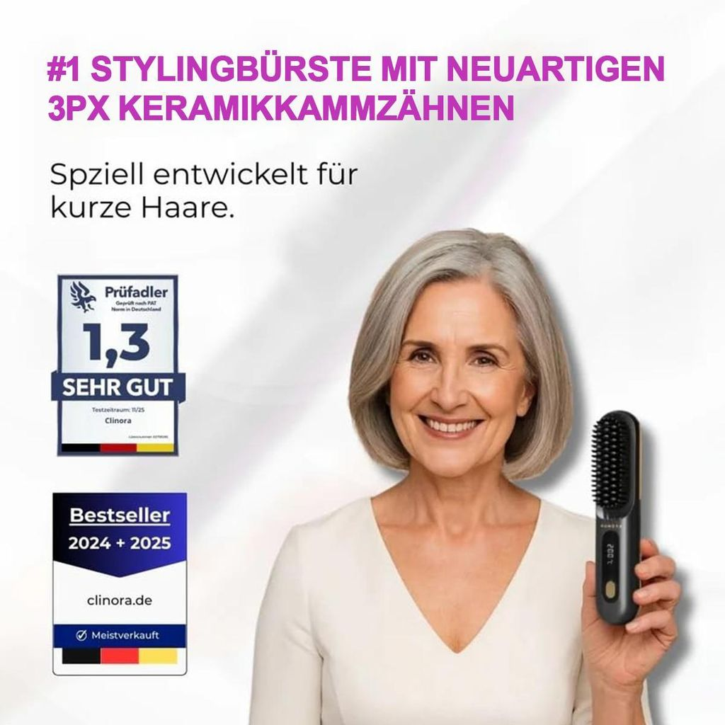 Ältere Frau mit kurzen grauen Haaren hält einen schwarzen Stylingkamm in der Hand.