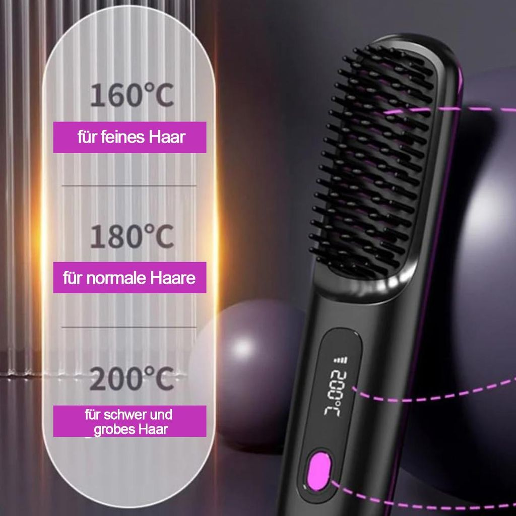 Glättbürste mit Temperaturanzeige für feines, normales und grobes Haar.