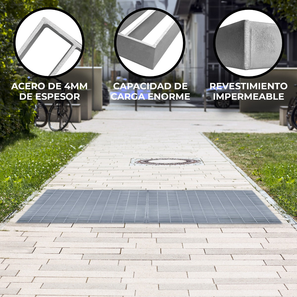 Una rejilla metálica sobre una acera pavimentada con tres círculos que muestran materiales.