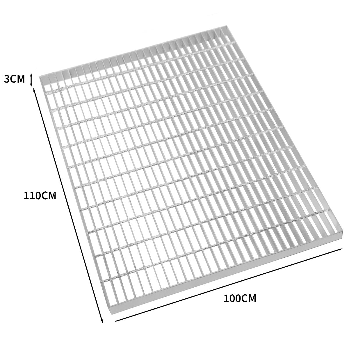 Reja de metal gris, 100x110cm, 3cm de alto, con barras uniformes.