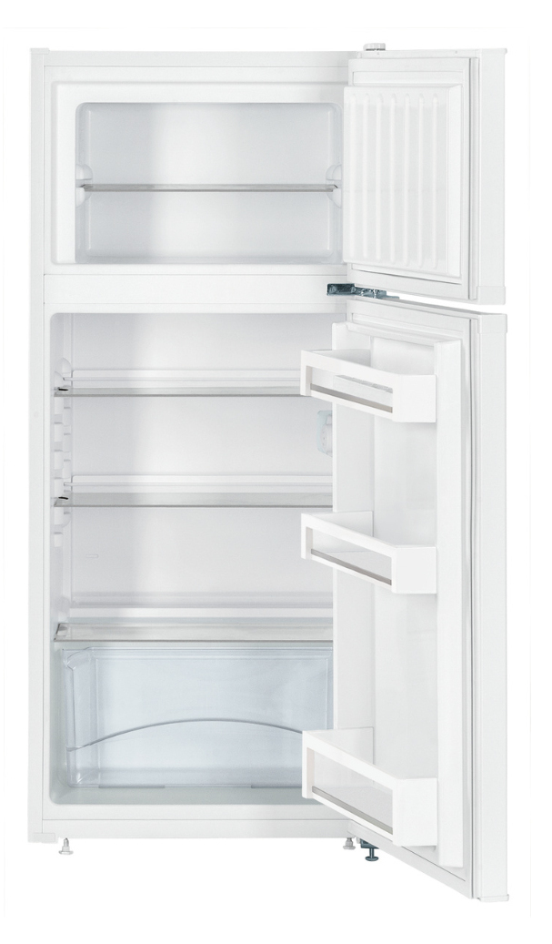 Un refrigerador blanco vacío con la puerta abierta, mostrando varios estantes.