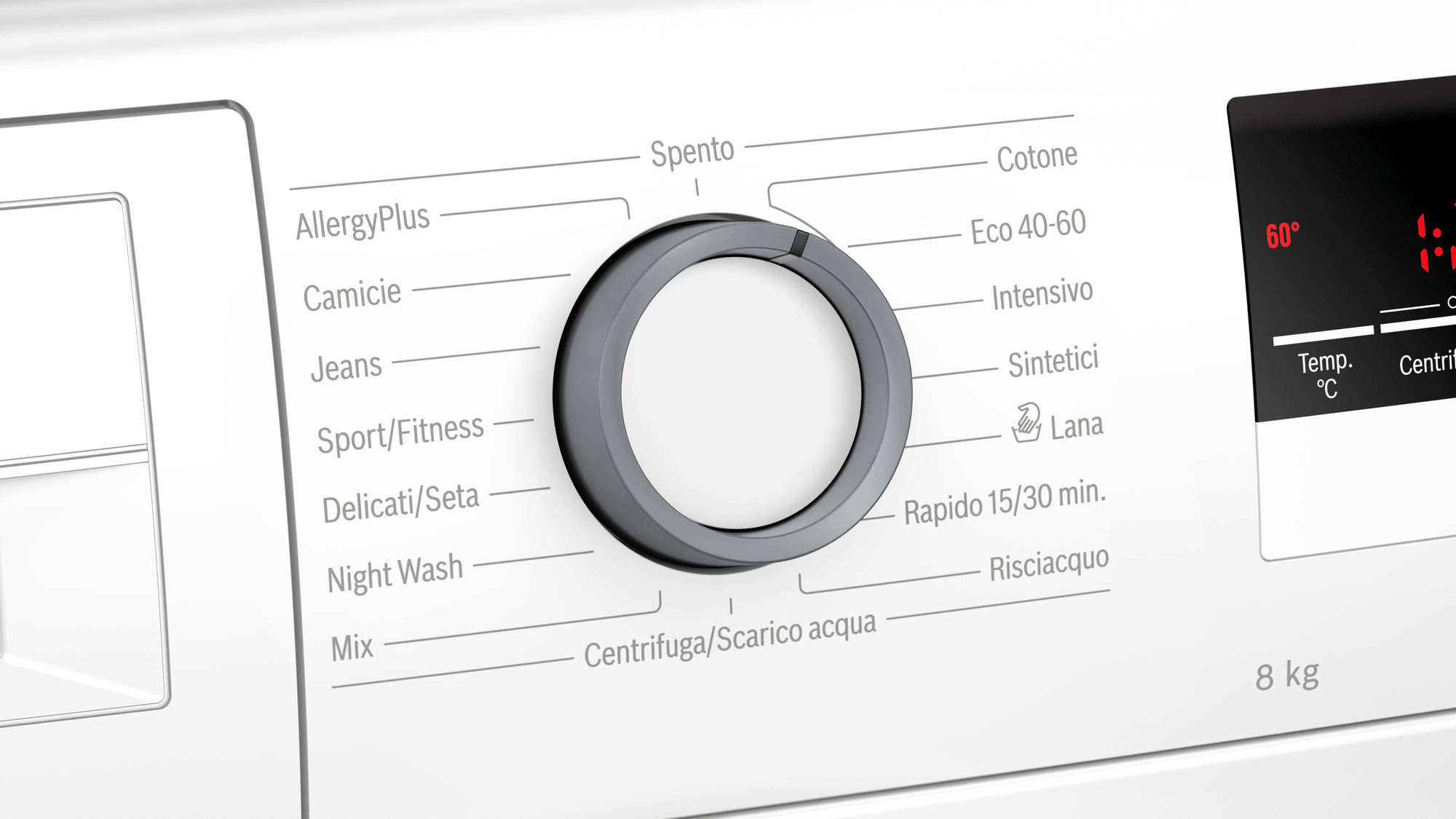 Primo piano di un pannello di controllo di una lavatrice con programmi e display digitale.