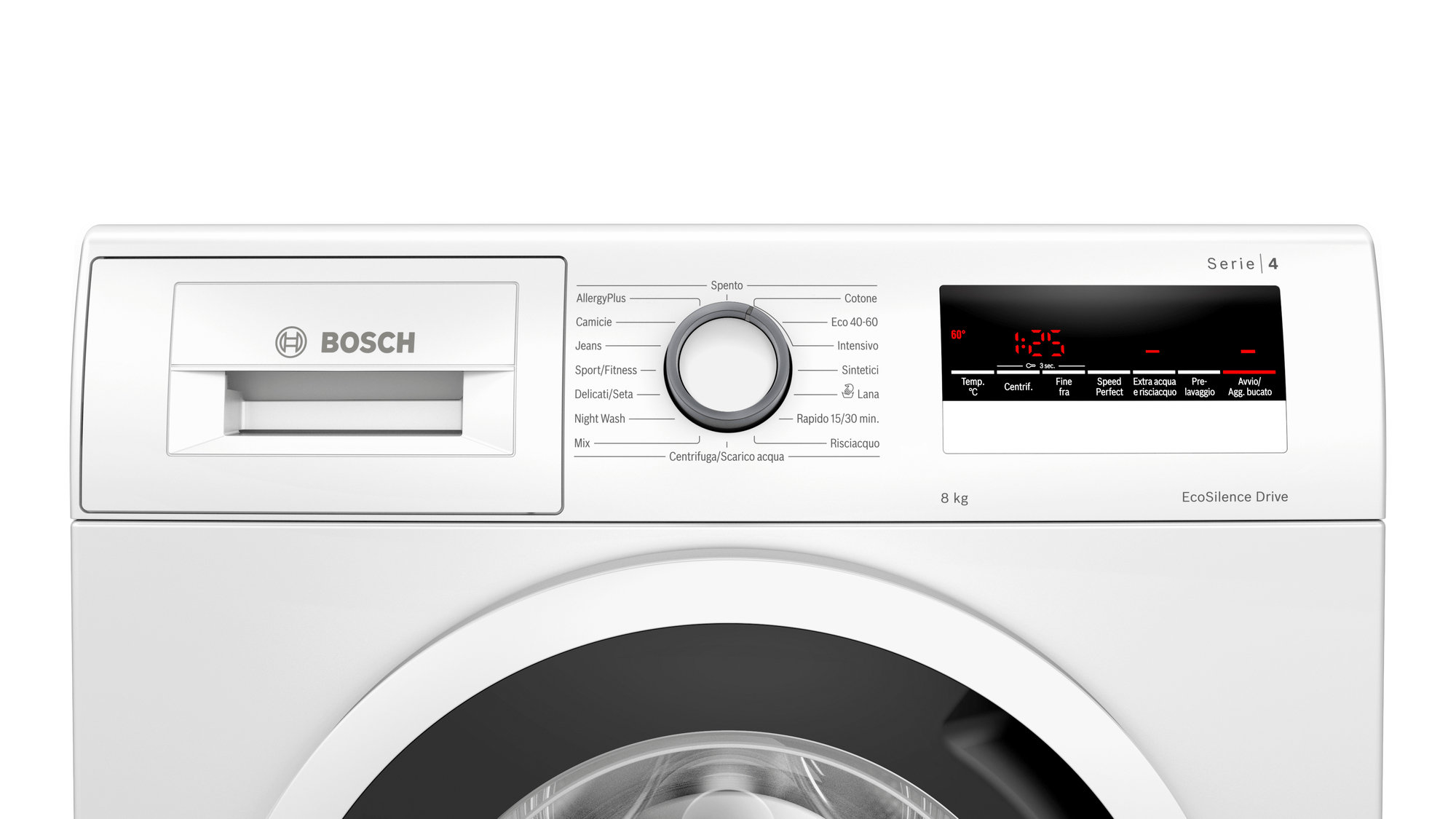 Lavatrice bianca Bosch Serie 4 con display digitale e manopola programmi.
