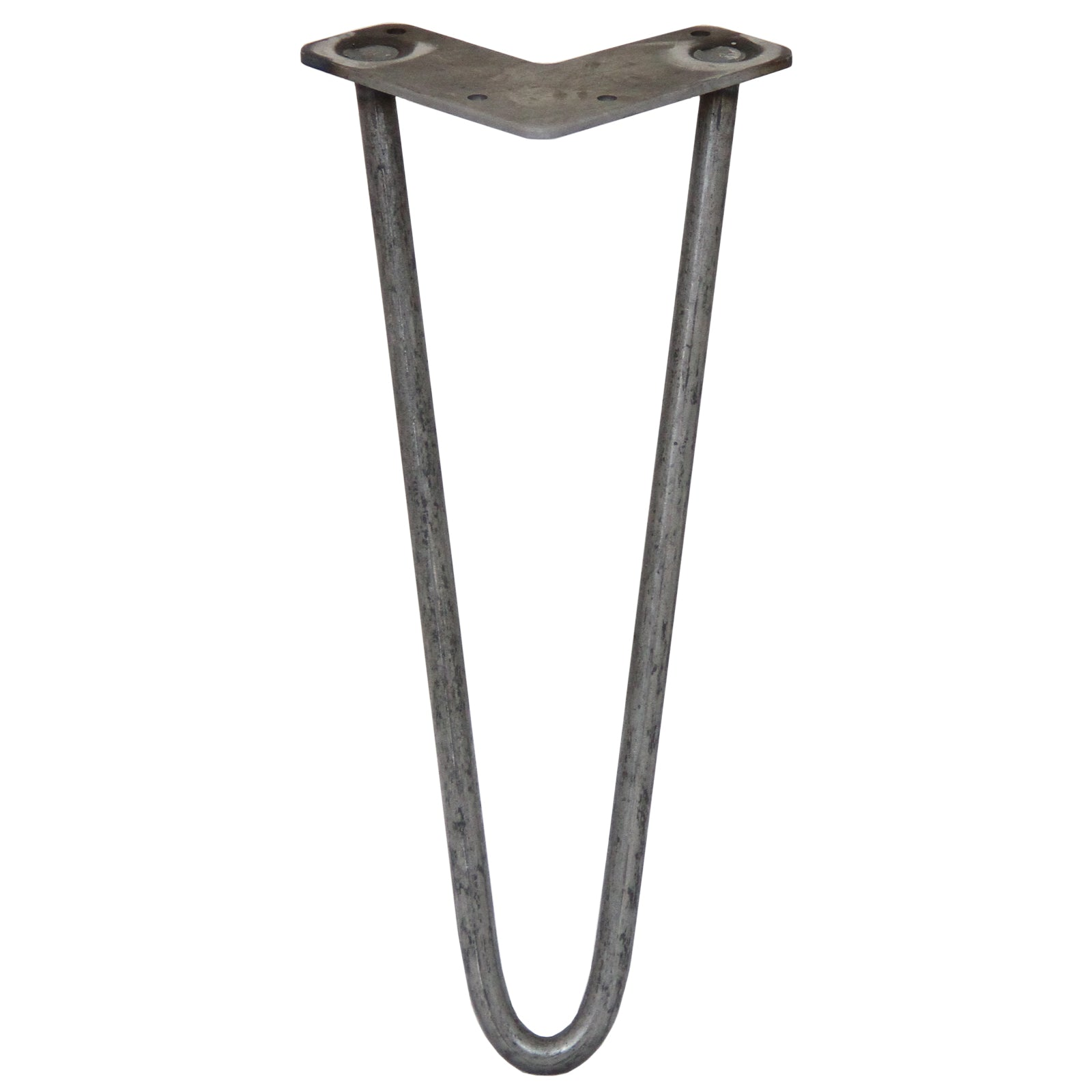 Pata de horquilla de metal gris con placa de montaje en L y tres orificios.