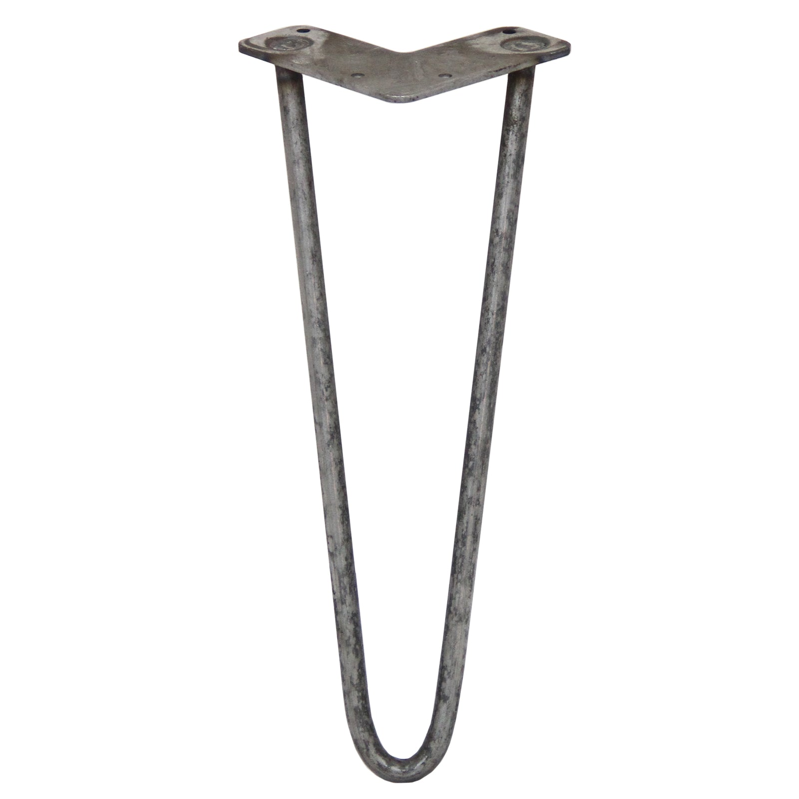 Una sola pata de mueble de metal gris con forma de horquilla.