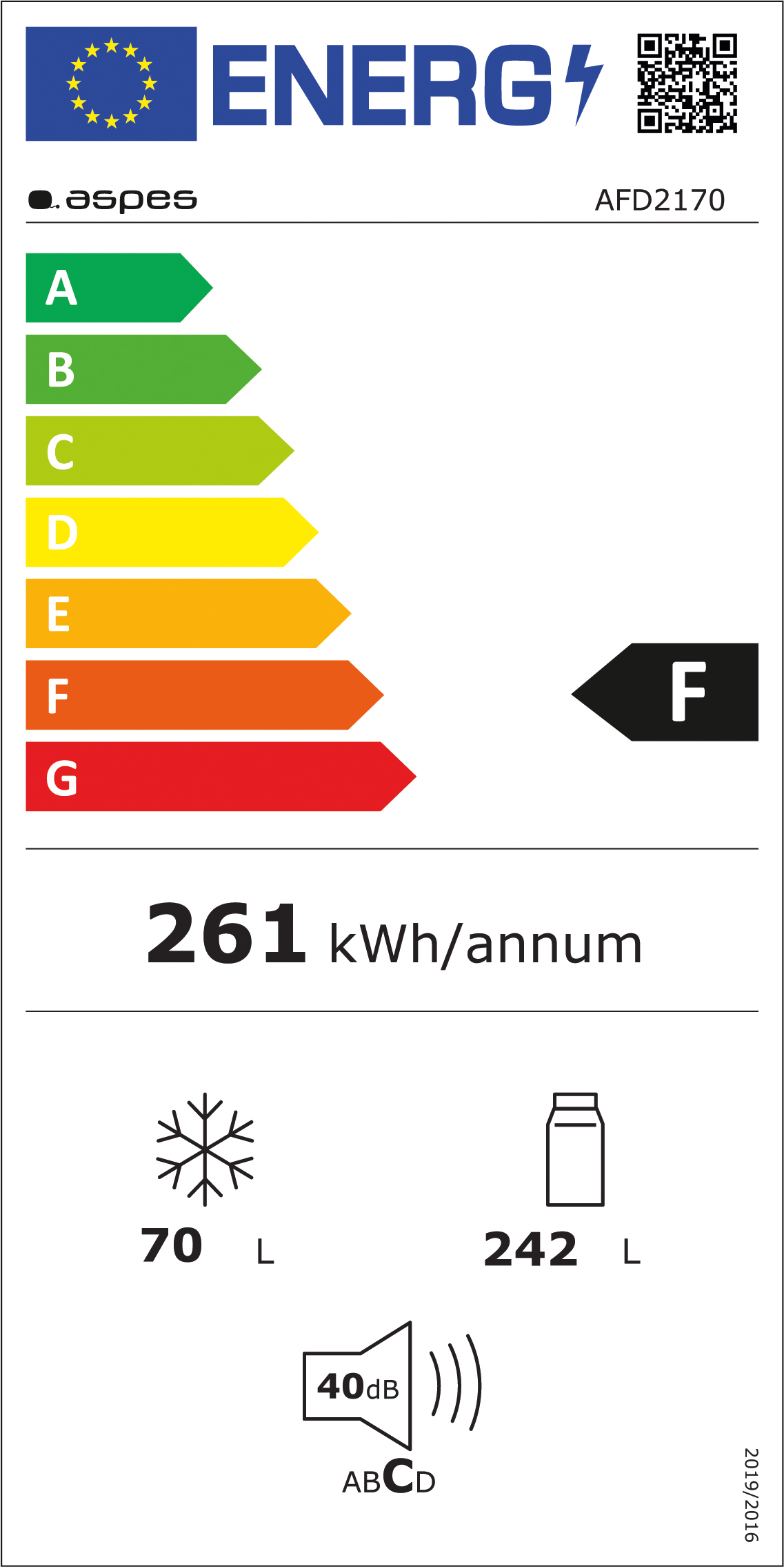 Etiqueta energética Clase F, 261 kWh/año, 70L congelador, 242L frigorífico, 40dB.
