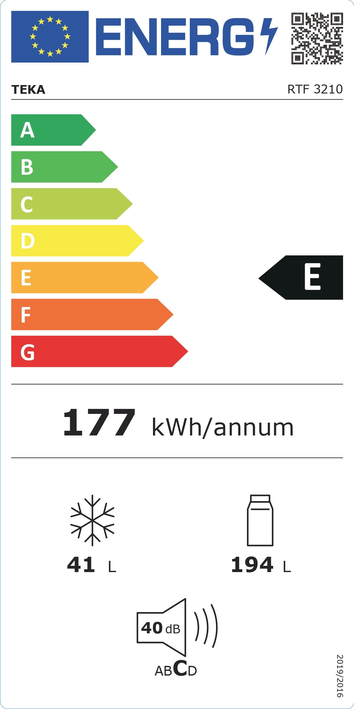 Etiqueta energética para frigorífico TEKA RTF 3210: Clase A, 177 kWh/año.