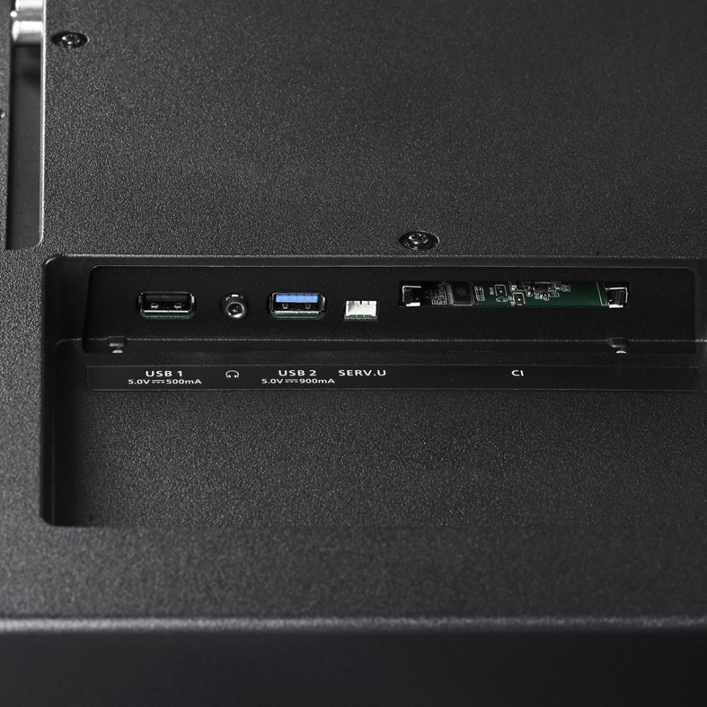 Tył telewizora z portami USB, Service i CI. USB 1, USB 2, SERV.U.