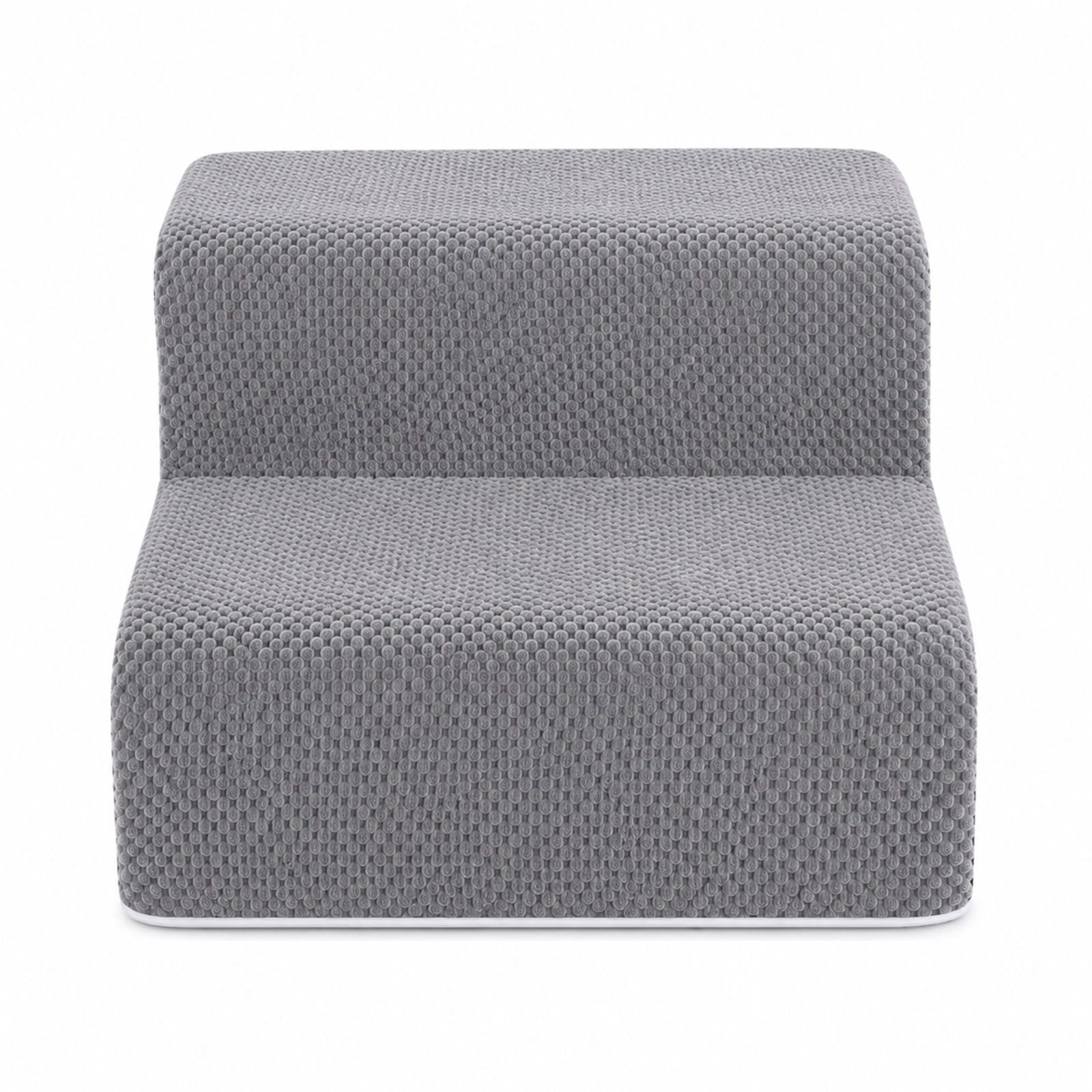 Escaleras grises de dos peldaños con superficie texturizada, borde blanco.