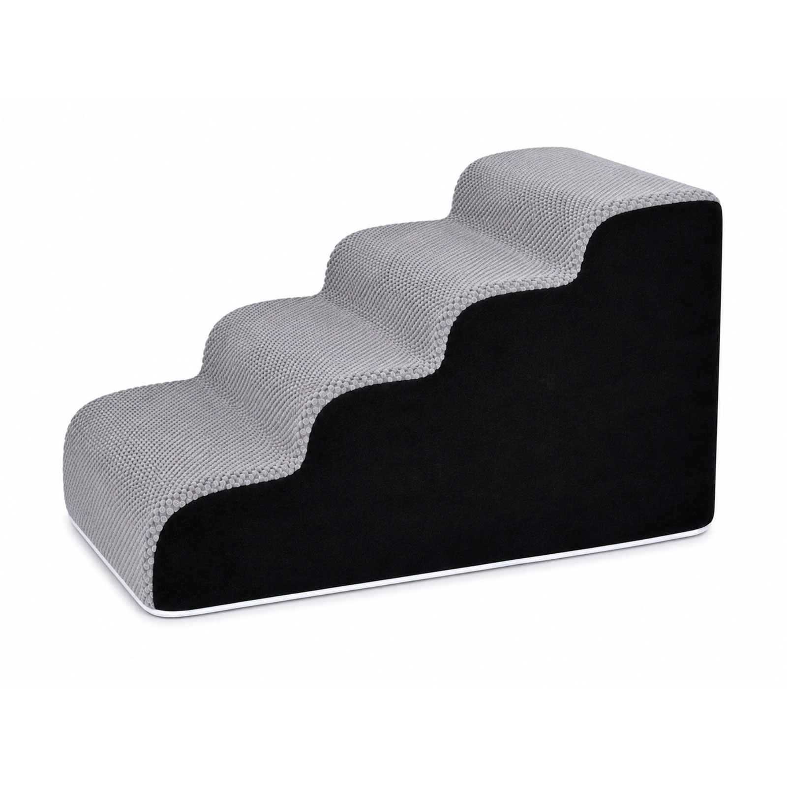Escaleras grises de cuatro peldaños para mascotas con lado negro.